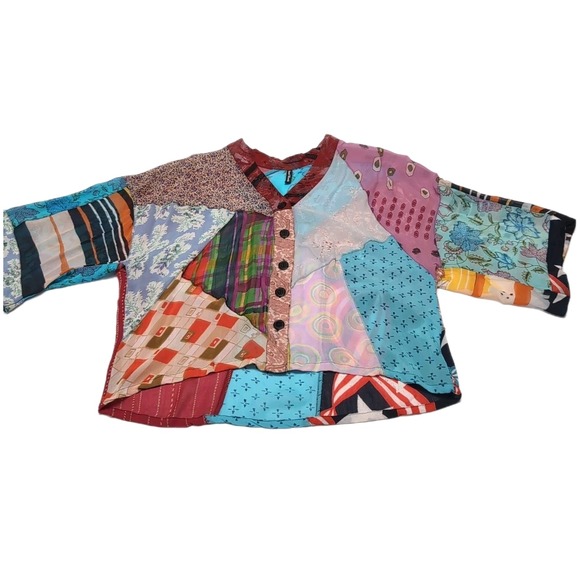 Sacred Threads Sheer Shirt Womens M Patchwork Artsy Boho Button Front Rayon Top - Picture 3 of 11